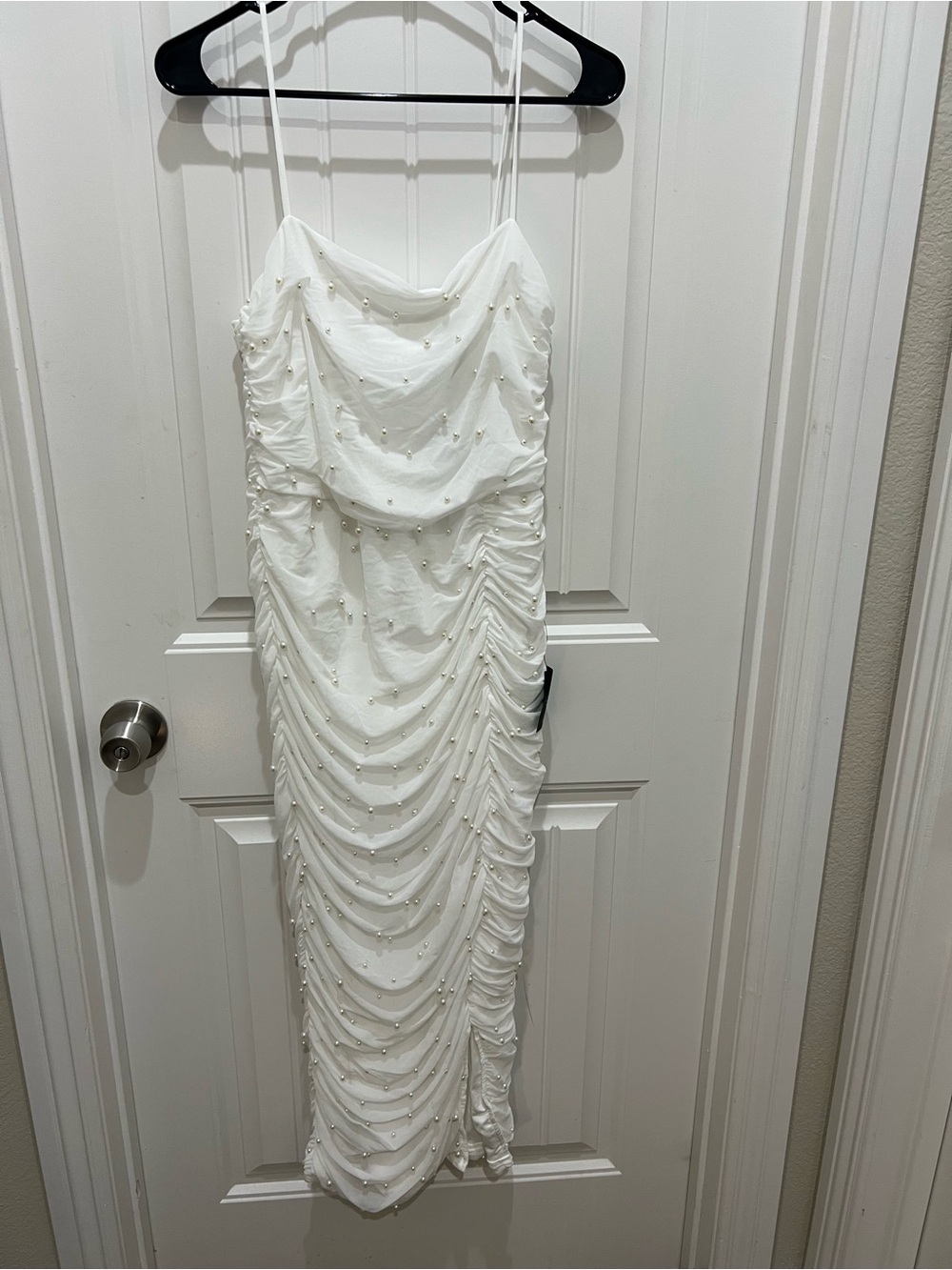 Lulu's White Pearl-Accented Ruched Midi Slip Dress